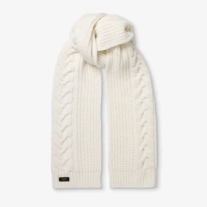 Yukiko Cable Latte Cable Knit Scarf with Leather Logo Tag