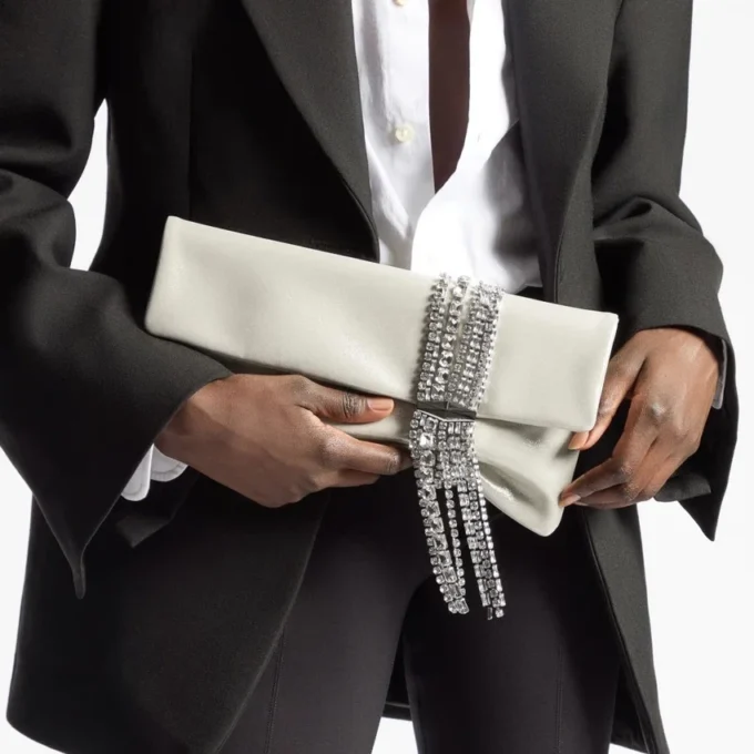 Zandra Light Soft Gold Shimmer Suede Clutch with Chain Bracelet
