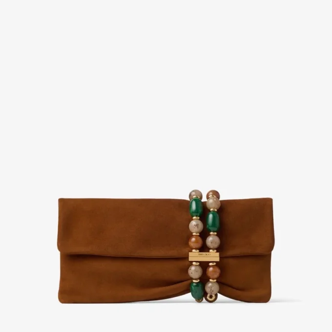 Zandra Tan Suede Clutch Bag with Beaded Bracelet