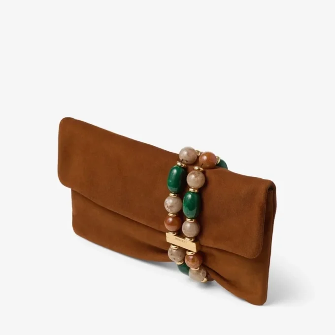 Zandra Tan Suede Clutch Bag with Beaded Bracelet