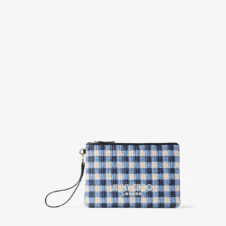 Zipped Flat Pouch Marine Mix and Ecru Gingham Raffia Zipped Pouch