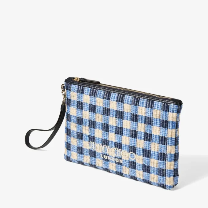 Zipped Flat Pouch Marine Mix and Ecru Gingham Raffia Zipped Pouch