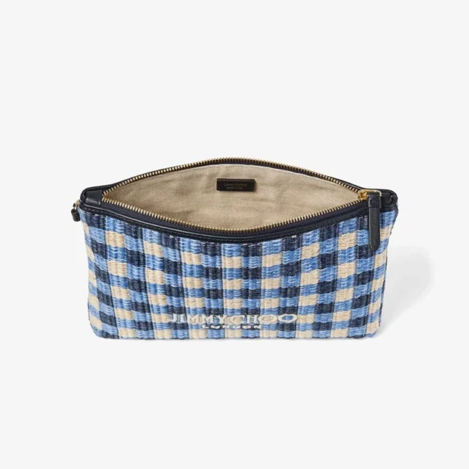 Zipped Flat Pouch Marine Mix and Ecru Gingham Raffia Zipped Pouch