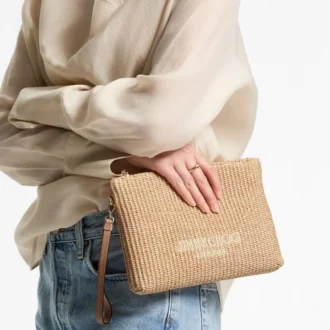 Zipped Flat Pouch Natural and Latte Raffia Zipped Pouch