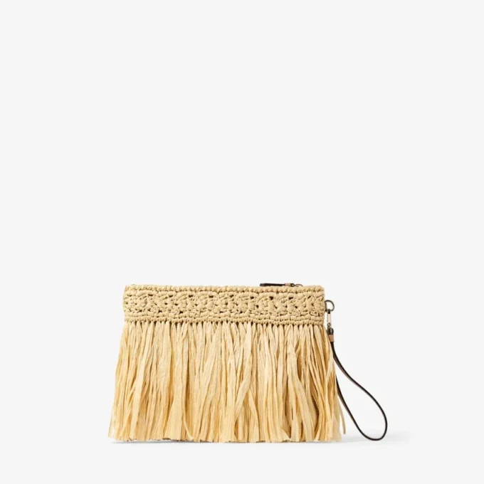 Zipped Flat Pouch Natural and Light Gold Woven Raffia Zipped Pouch with Fringes