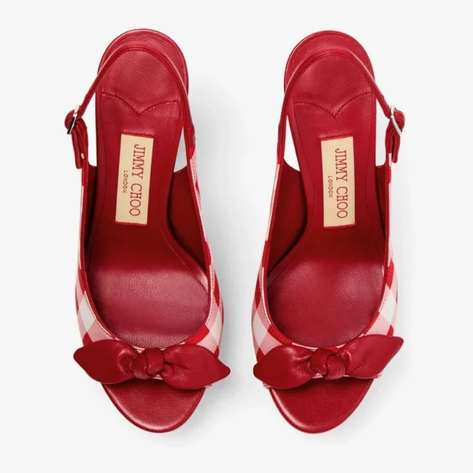 Ziva 120 Ruby Red Mix Gingham Cotton Platform Sandals with Bow